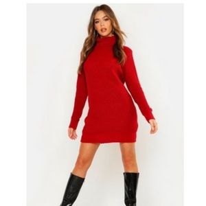 Turtleneck Soft Knit Sweater Dress-Red